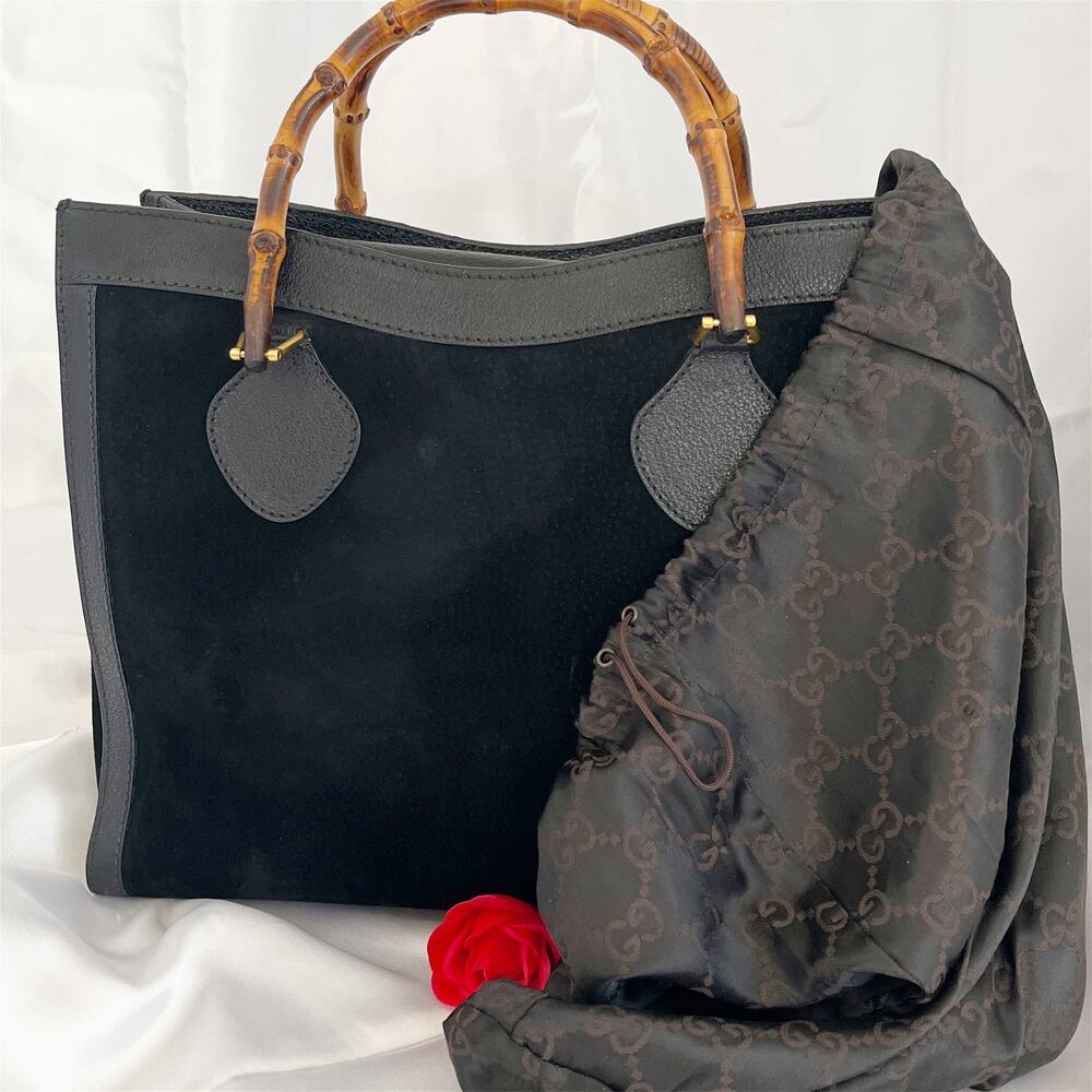 GUCCI Bamboo Diana Vintage Tote Bag Black Suede Leather Top Handles 1990s - Picture 3 of 17